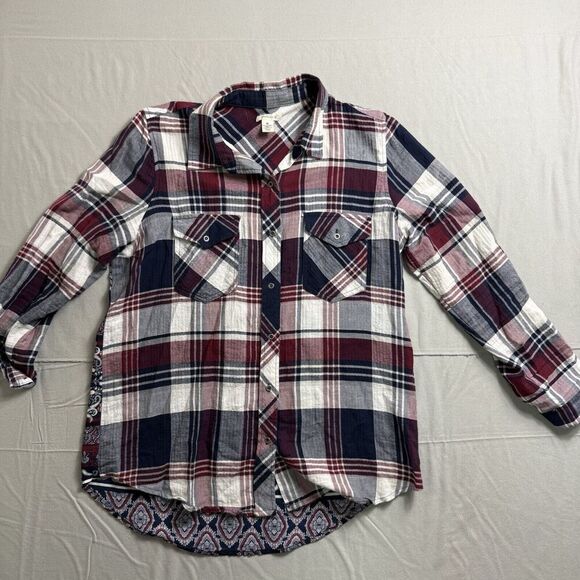 Westbound Tops - Westbound Shirt Women's Size Medium Blue Red Boho Button Up Long Sleeve Roll Tab